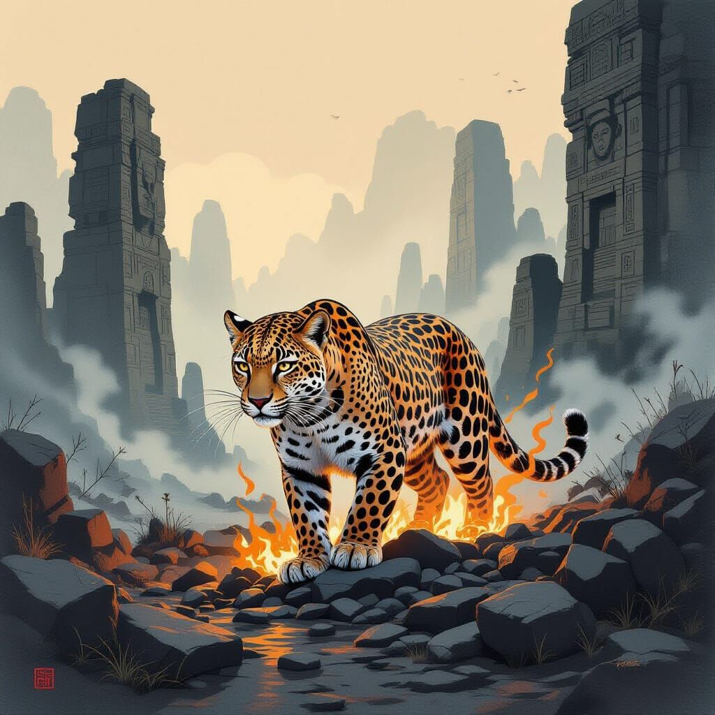 Fiery Leopard Rises from Ancient Ruins in Gouache Style