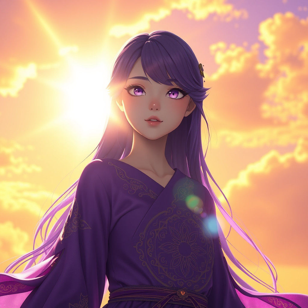 Anime Heroine in Purple and Gold Sunlight