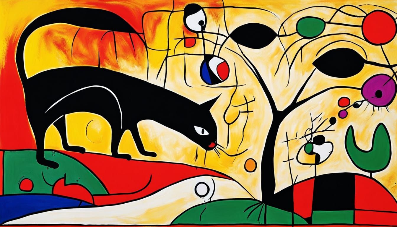 Angry Cat Stares at Bird in Abstract Style