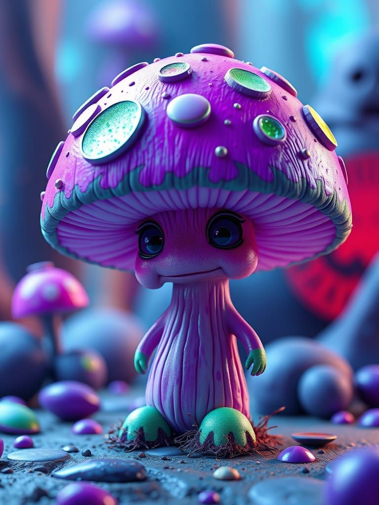 Vibrant Fantasy Mushroom Character in Psychedelic Colors