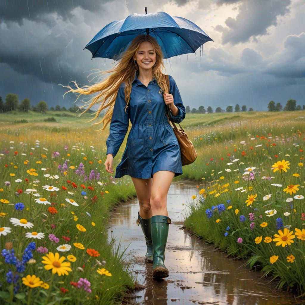 Woman Enjoys Summer Rain in Wildflower Meadow