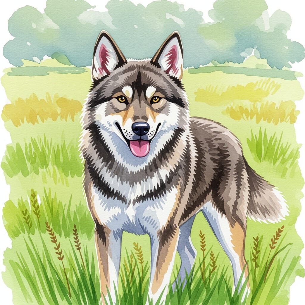 Wolf in Grass in Watercolor Style