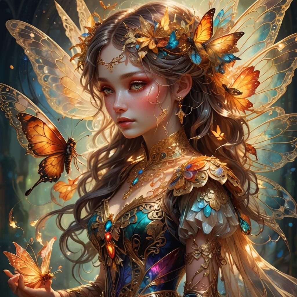 Whimsical Fairy with Fire Butterfly in Hyperrealistic Style