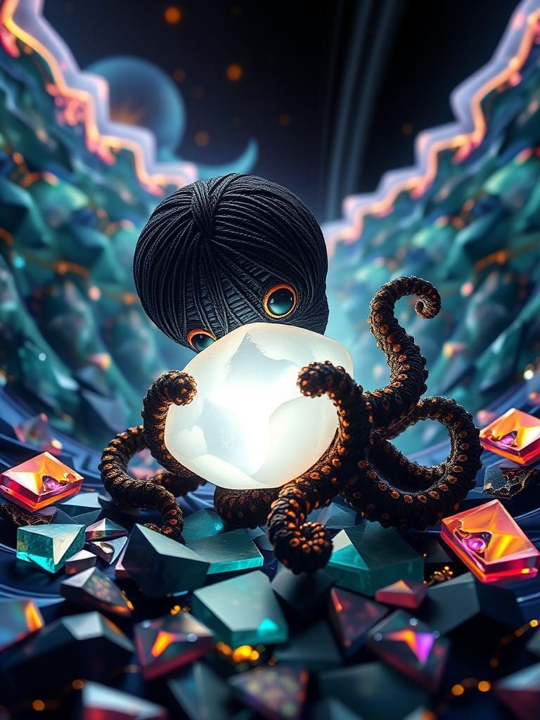 Yarn Octopus Grasping Rainbow Pearl in Kaleidoscopic Scene