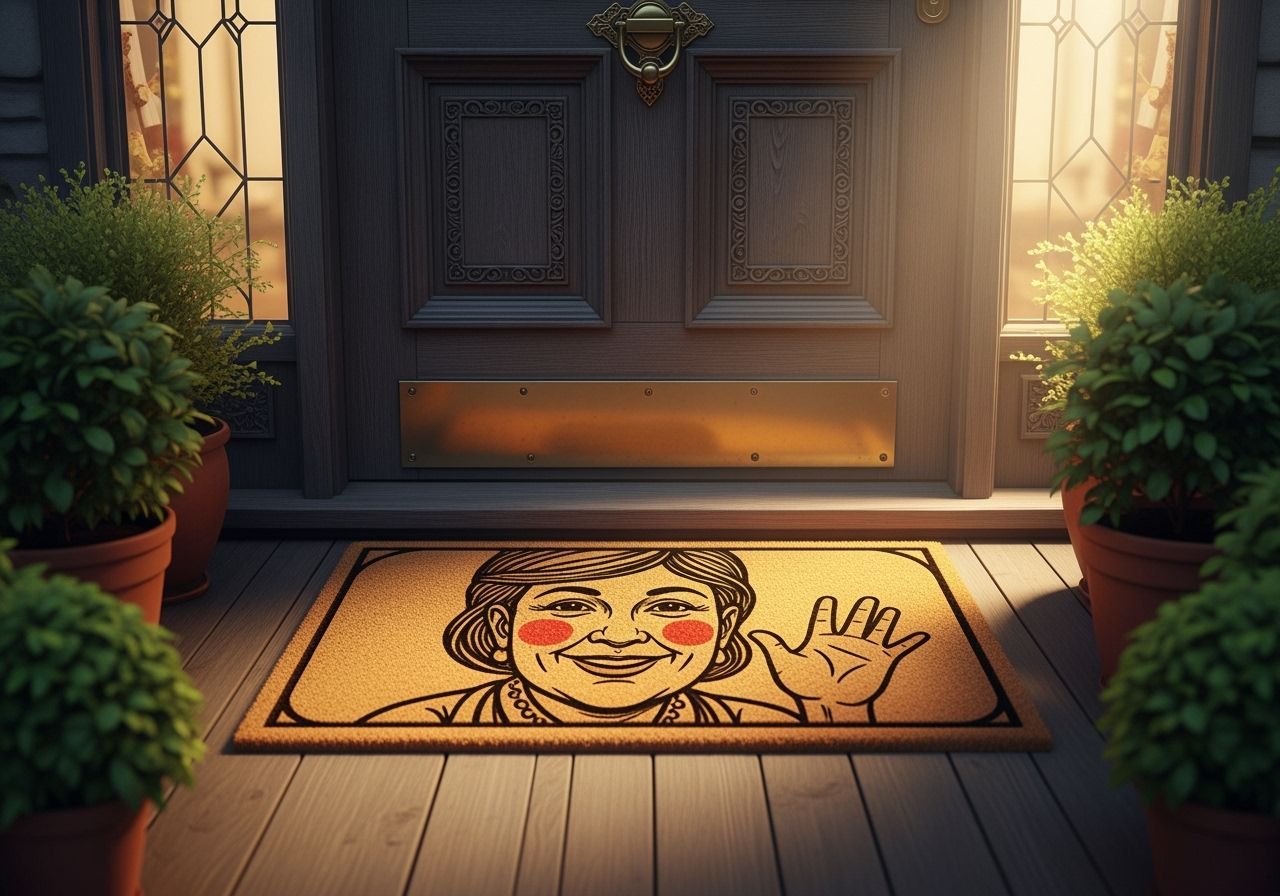Anthropomorphic Doormat with Friendly Face on Wooden Porch