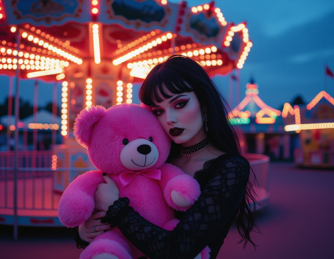 Goth Woman Hugs Pink Teddy Bear at Fairground Dusk