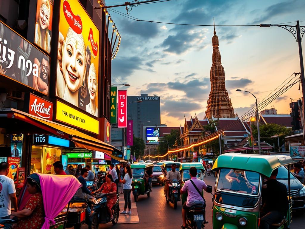 Vibrant Bangkok Street Scene at Dusk in Neon Colors