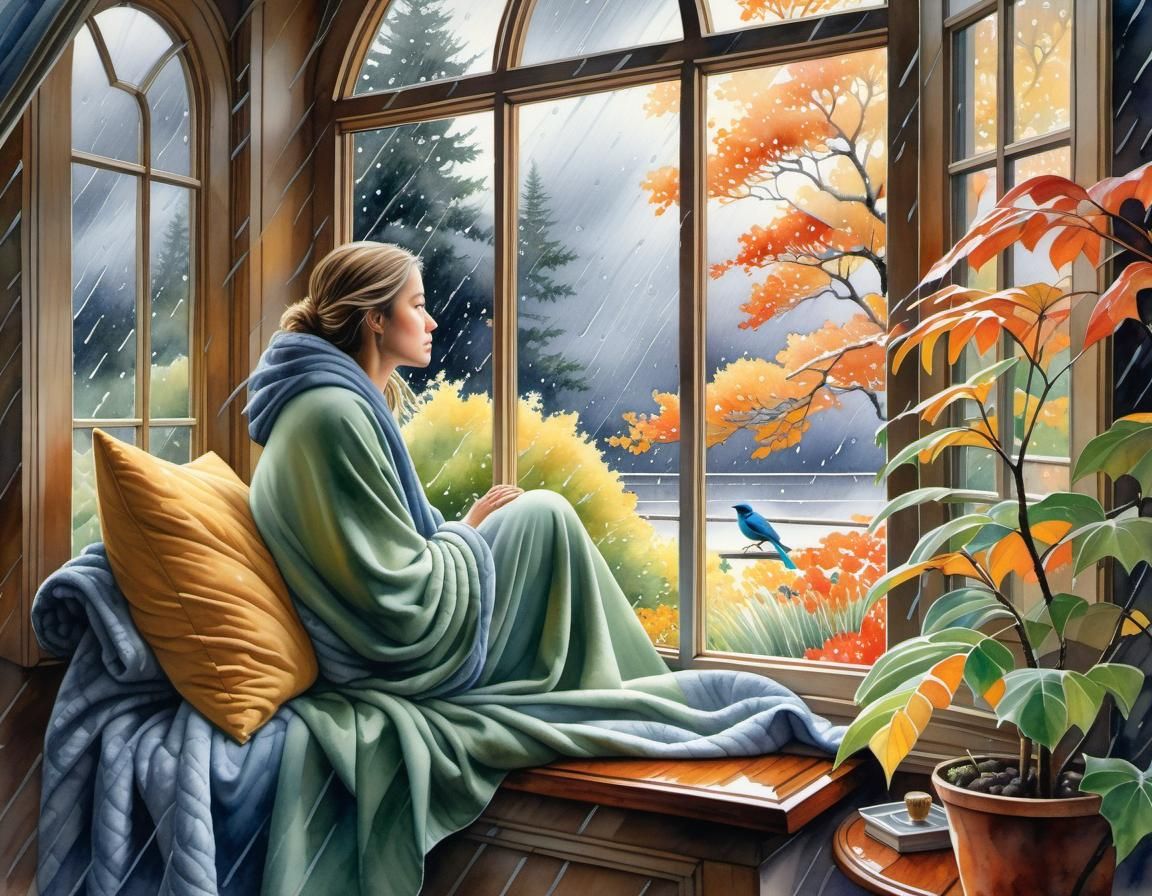 Woman Gazing at Rainstorm in Soft Watercolor