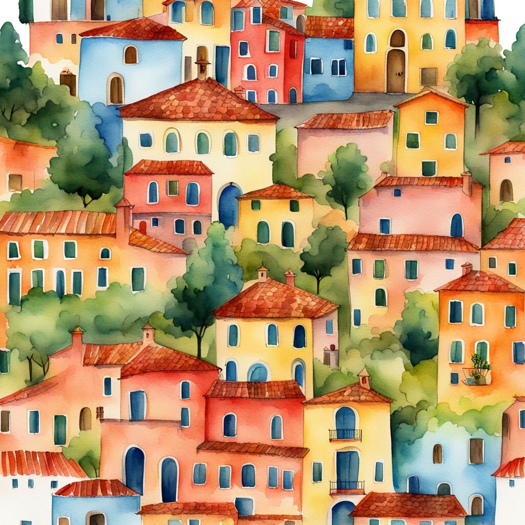 Whimsical Watercolor Clip Art of Italian Village