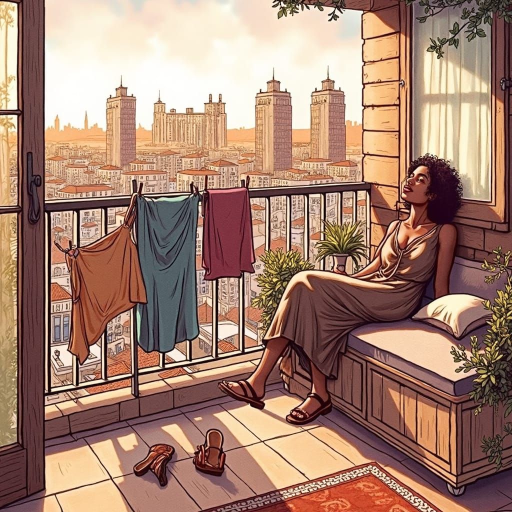 Woman on Balcony Surrounded by Fresh Laundry