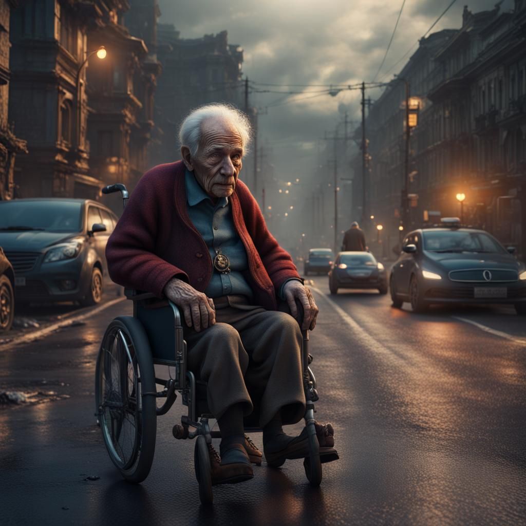 Distressed Elderly Person in Traffic: Detailed Matte Paintin...