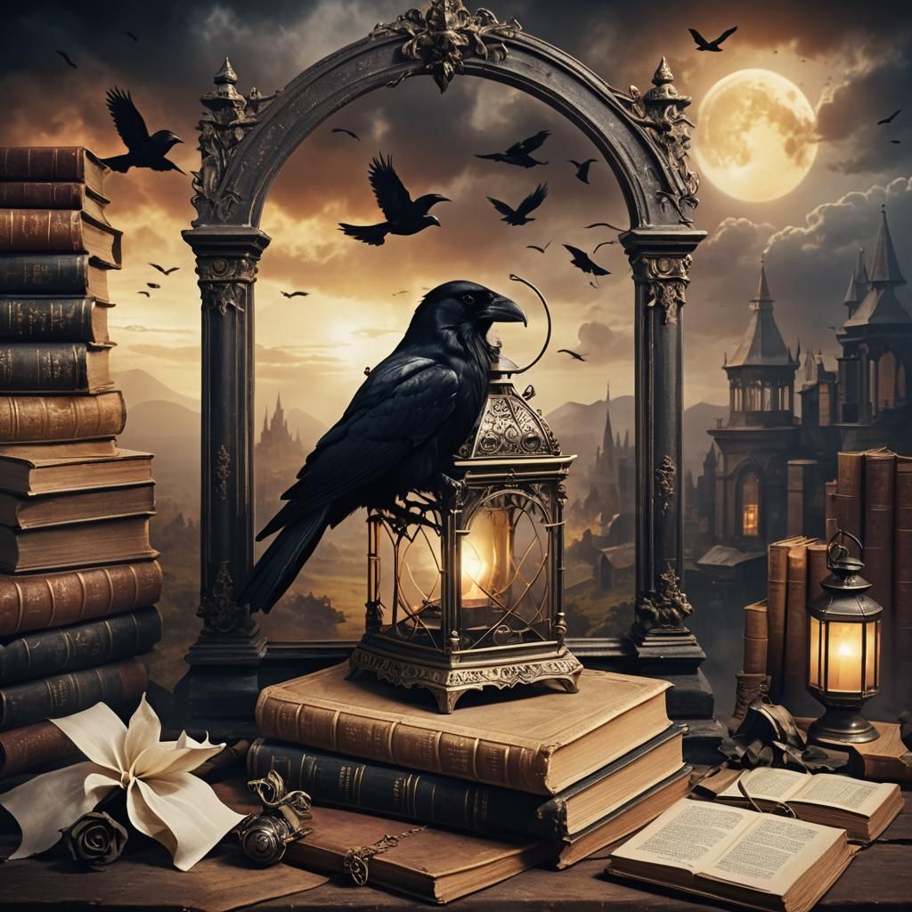 Gothic Album Cover with Raven and Heavenly Light