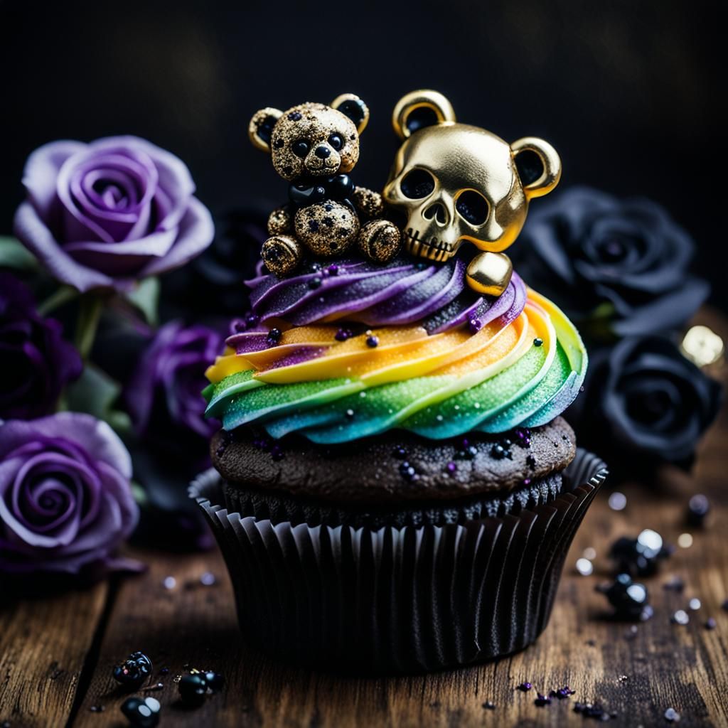 Gothic Macro Photograph of a Cupcake with Teddy Bear