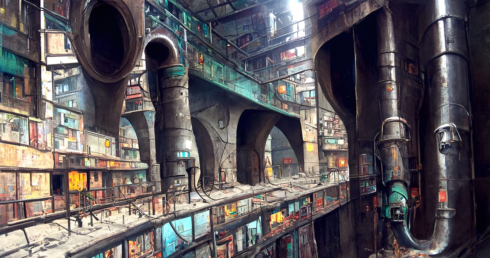 Dystopian Apartments Under Bridge in Sci-Fi Style