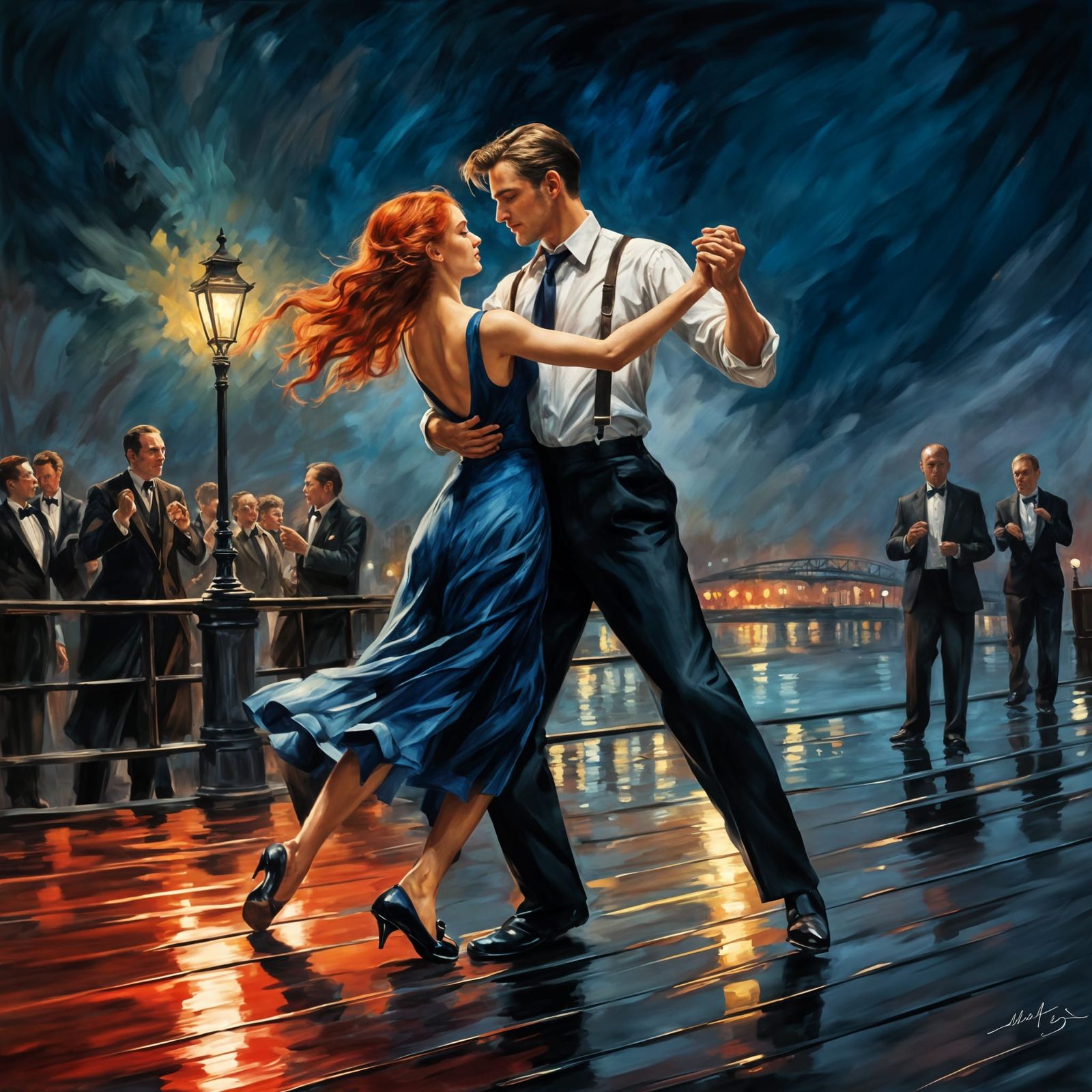 Impasto Oil Painting of Tango Dancers on Bow Bridge