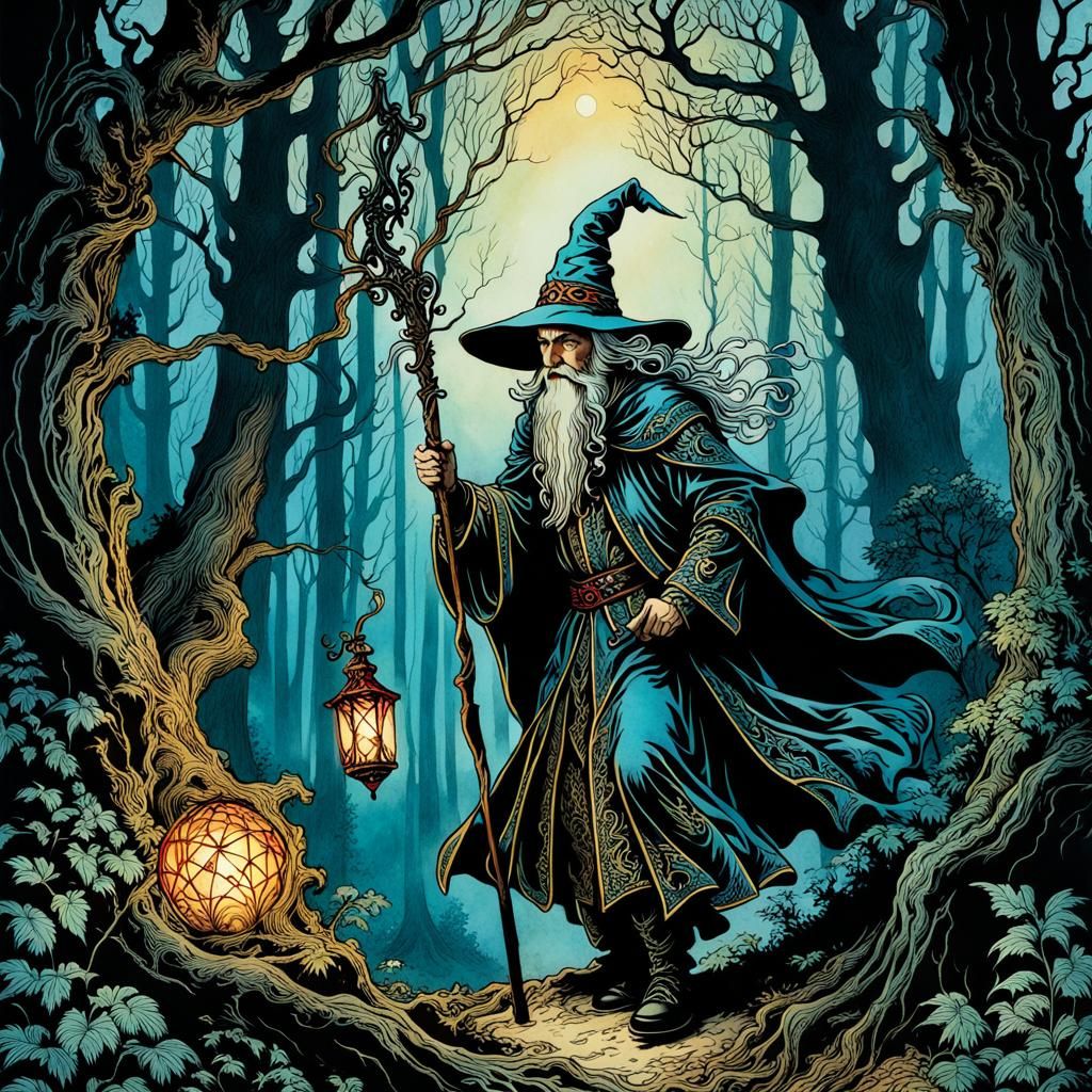 Wizard in Dark Forest, Arthur Rackham Style