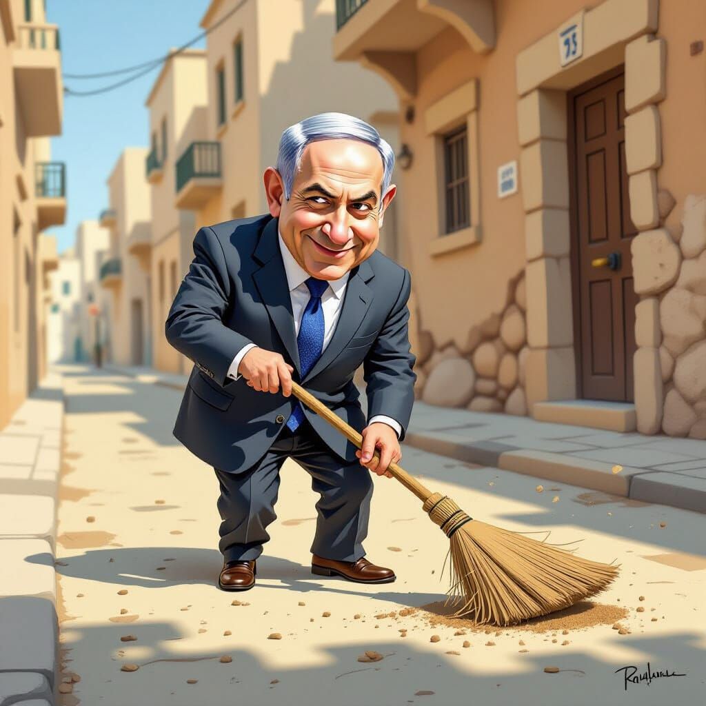 Humorous Cartoon of Benjamin Netanyahu Sweeping Street