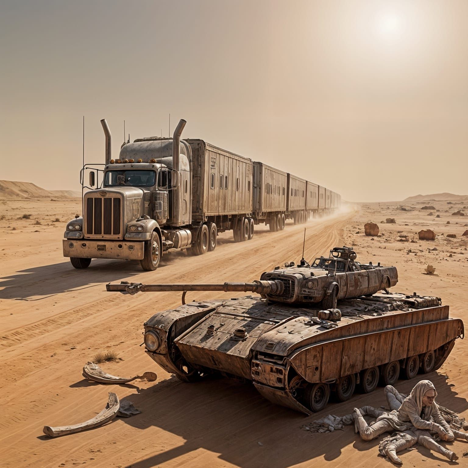 Ghostly Peterbilt Road Train in Dystopian Sahara Desert