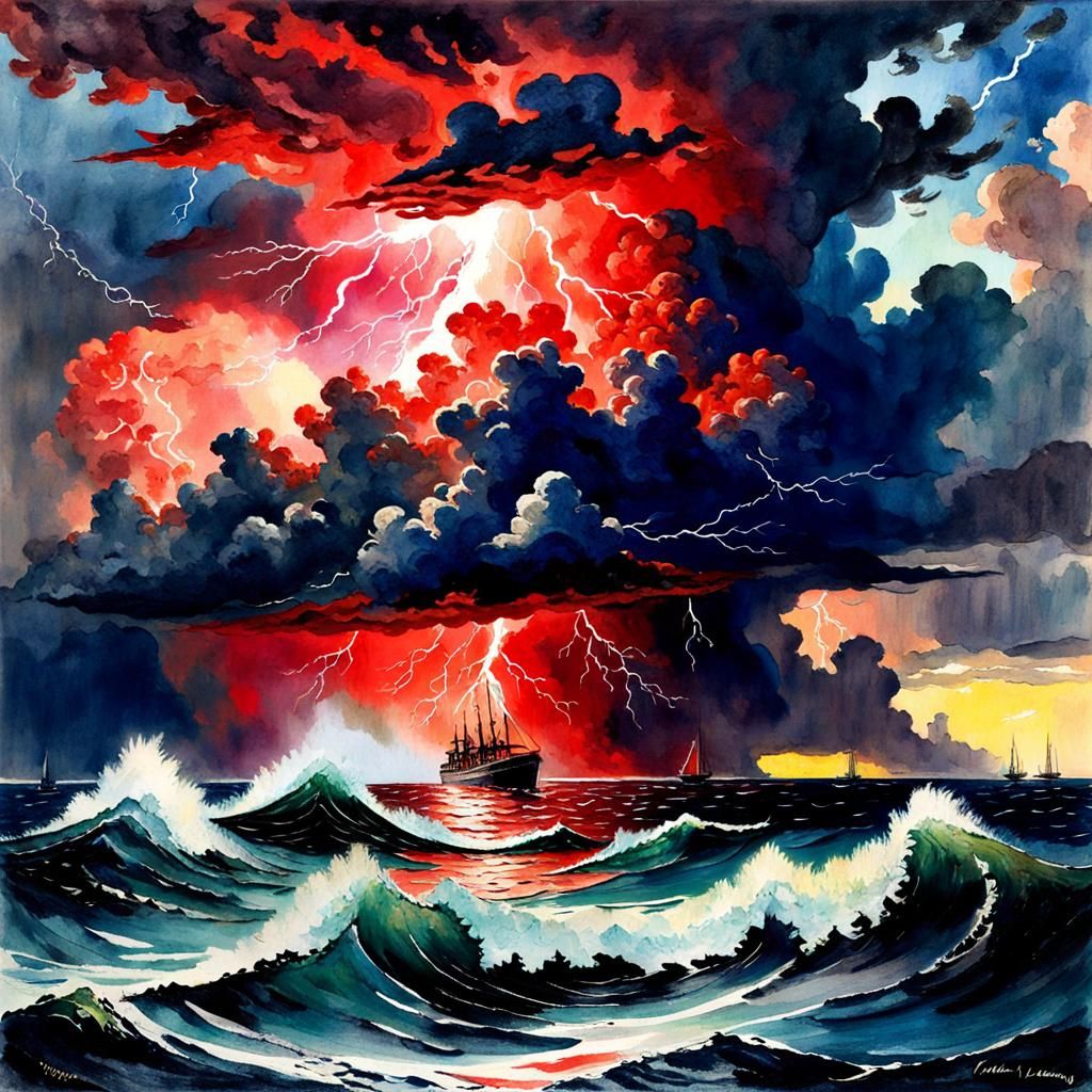 Red Lightning Storm at Sea: Hyper-Detailed Photography