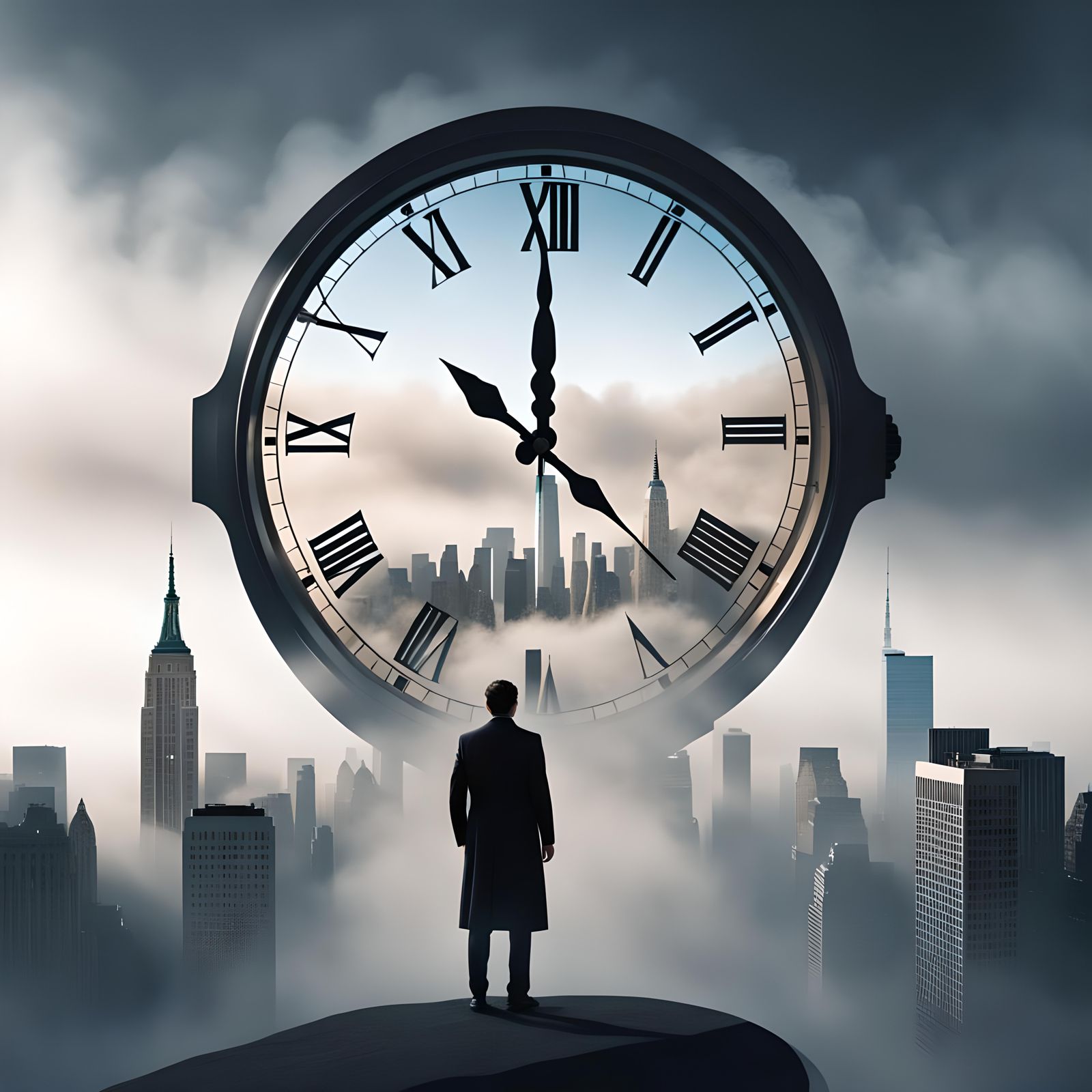 Gigantic Clock Face Over New York Skyline