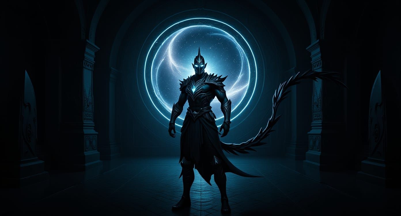 Celestial Warrior Guards Cosmic Gateway in Epic Fantasy Art