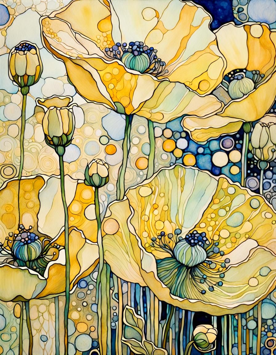 Abstract Pale Yellow Poppies Macro, Ink and Watercolor