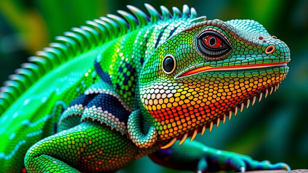 Luminous Iguana in Iridescent Sequins