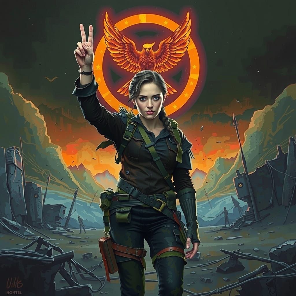 Katniss Everdeen in Desolate War-Torn Landscape with Illumin...