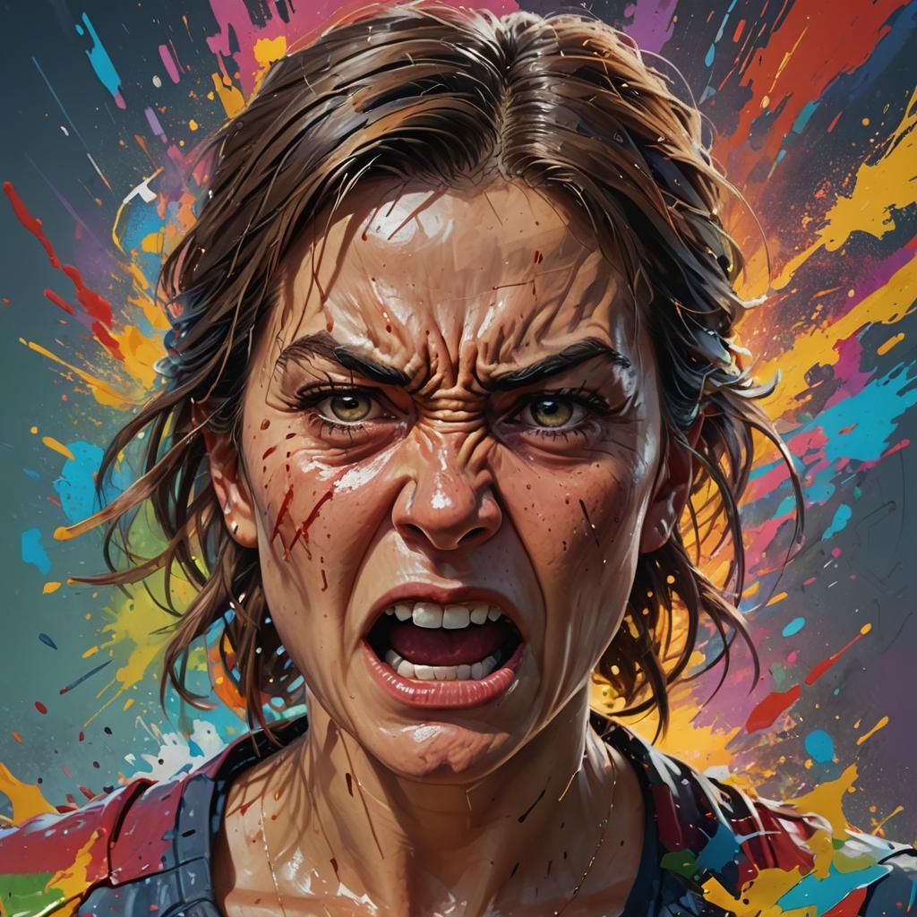 Furious Woman in Colorful Splash Art Style