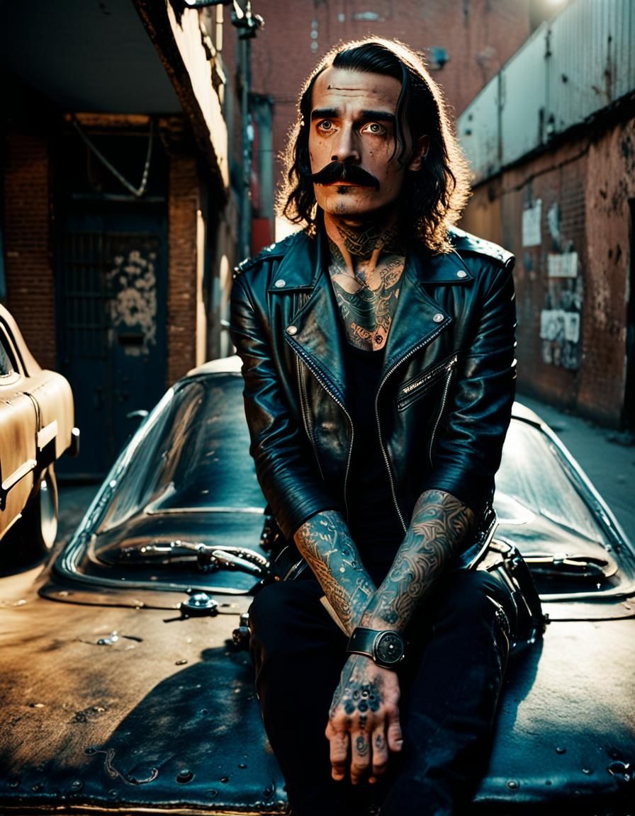 Biker Gang Member in Dimly Lit Alleyway