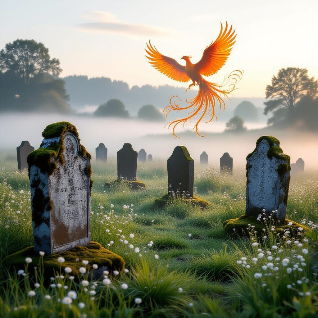 Ethereal Phoenix Rising Over Ancient Sarcophagi Meadow