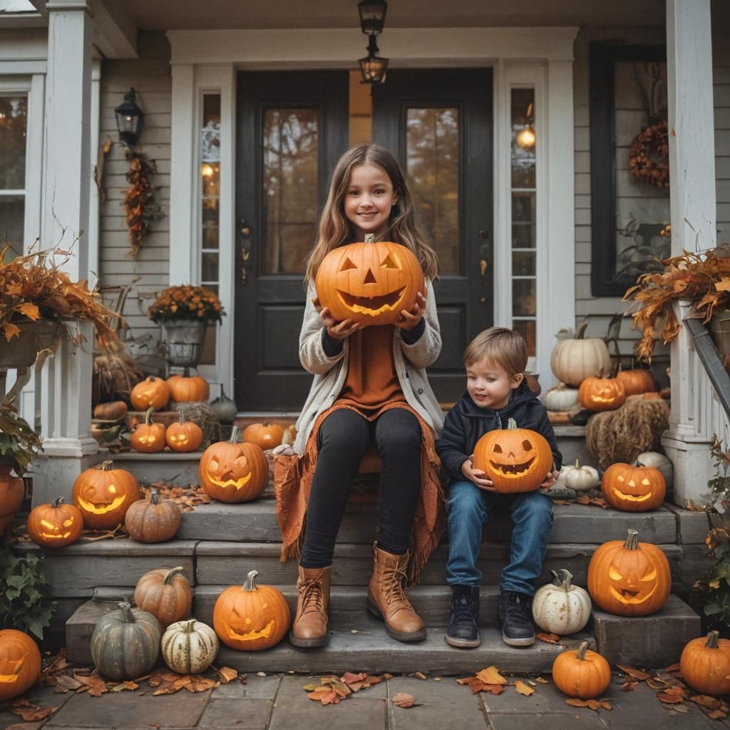Children Carving Jack-o'-Lanterns: Colorful Folk Art