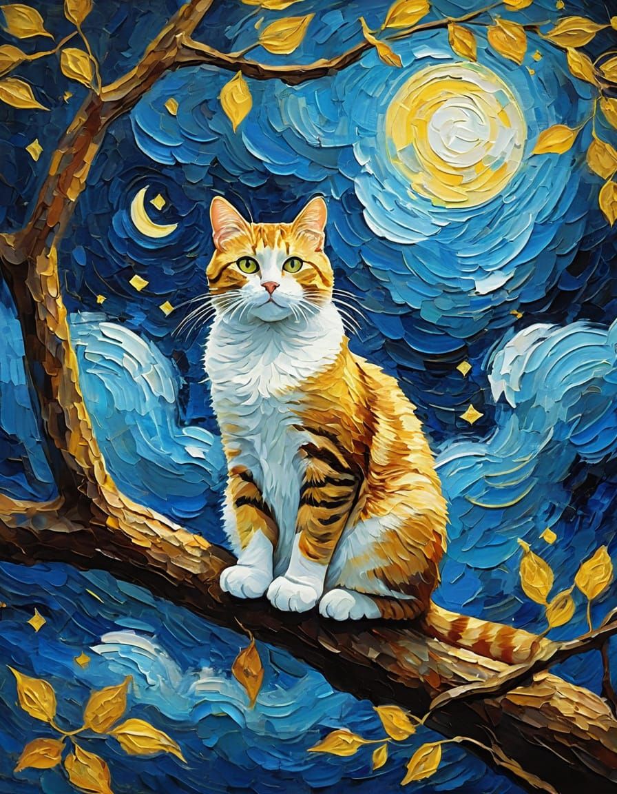 Cat Contemplates Starry Night Sky in Post-Impressionist Styl...