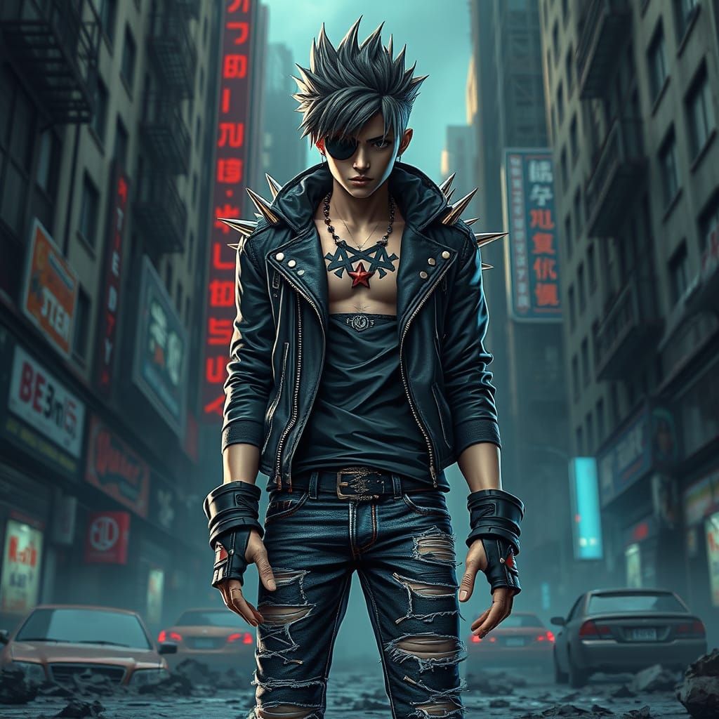 Rebellious Punk in Gritty Cityscape, 3D Anime Art