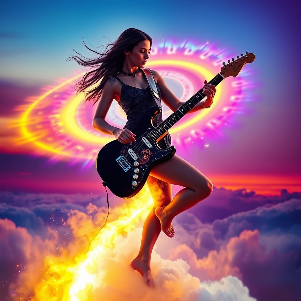 Cyberpunk Guitarist Dancing on Cloud at Sunset