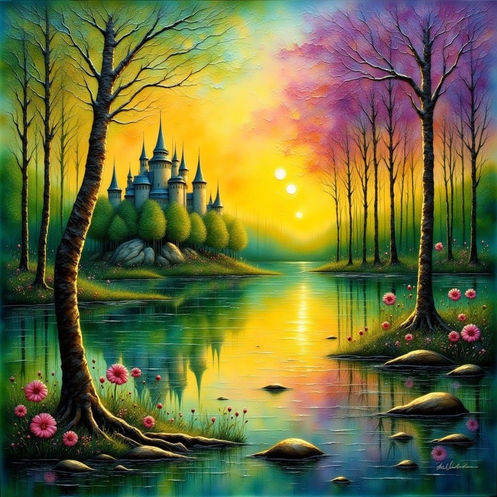 Fairytale Castle Reflected in Lake as Impasto Painting