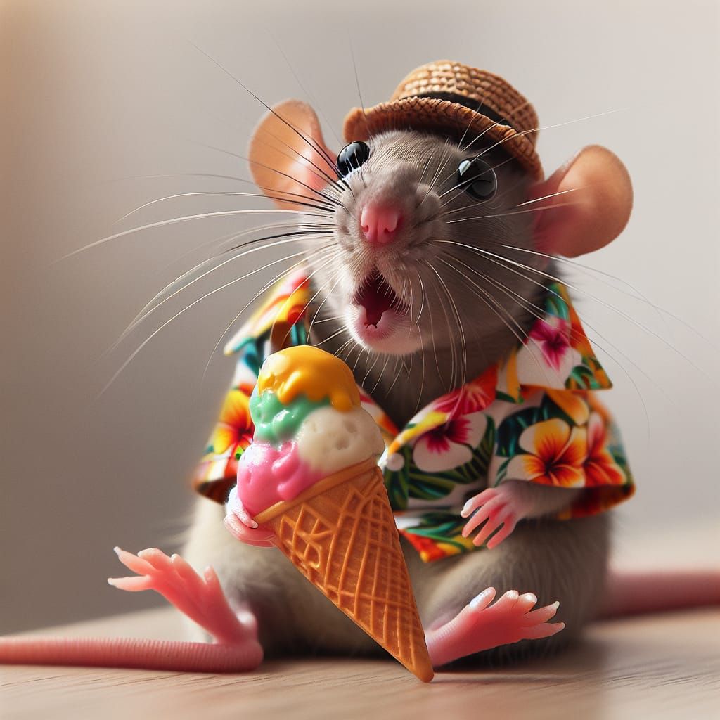 Surprised Rat in Hawaiian Shirt with Ice Cream