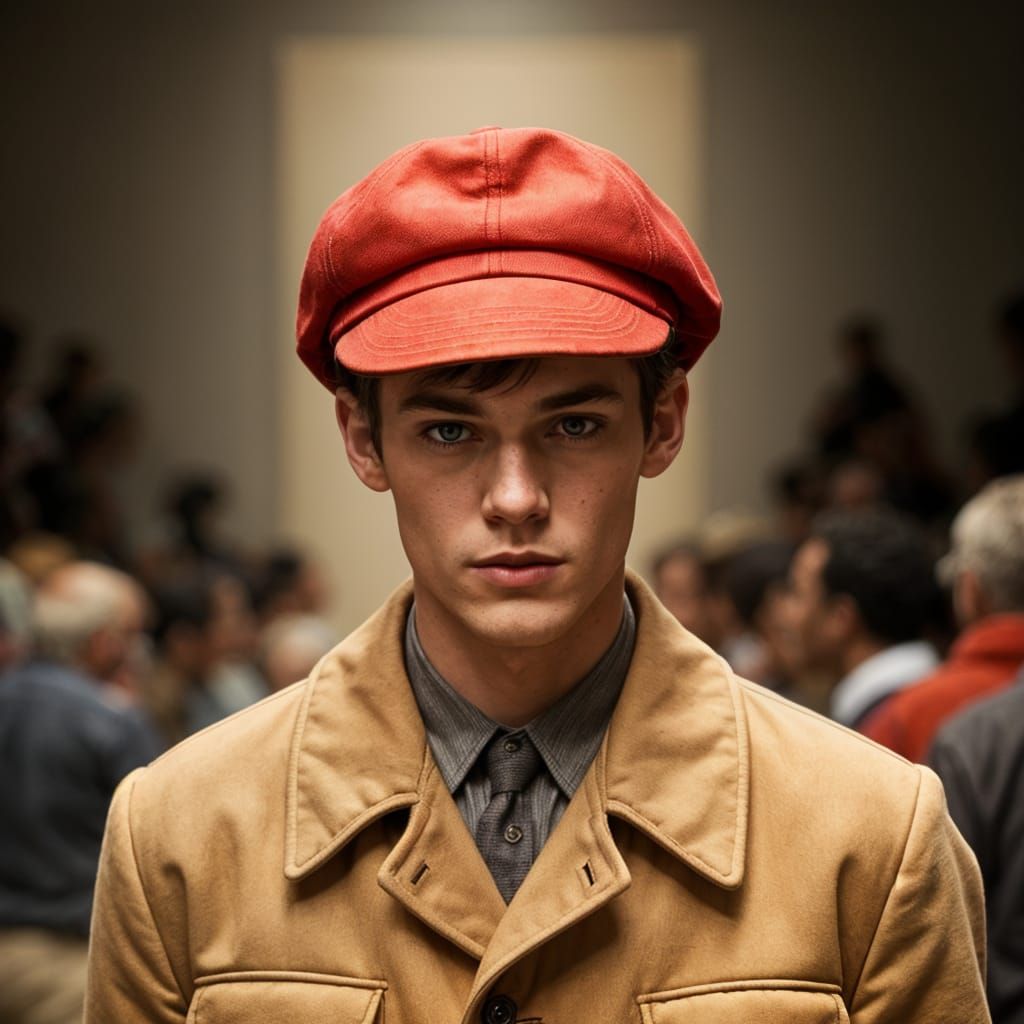 Handsome Young Rebel Strolls Down the Catwalk in a Red Hunti...