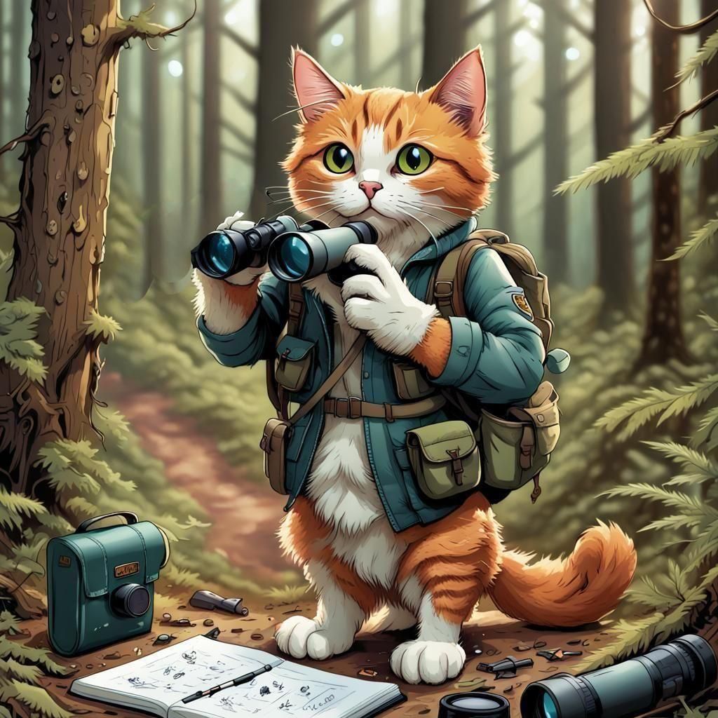 Cartoon Cat Bird Watching in Forest, Comic Book Art