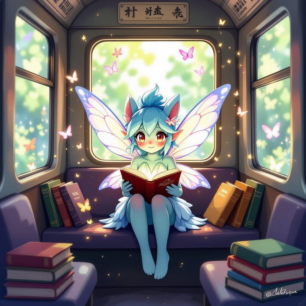 Fairy Pokemon on Train with Books in Watercolor Style
