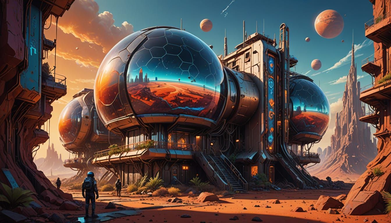 Futuristic Mars Colony Under Golden Sunset Concept Art