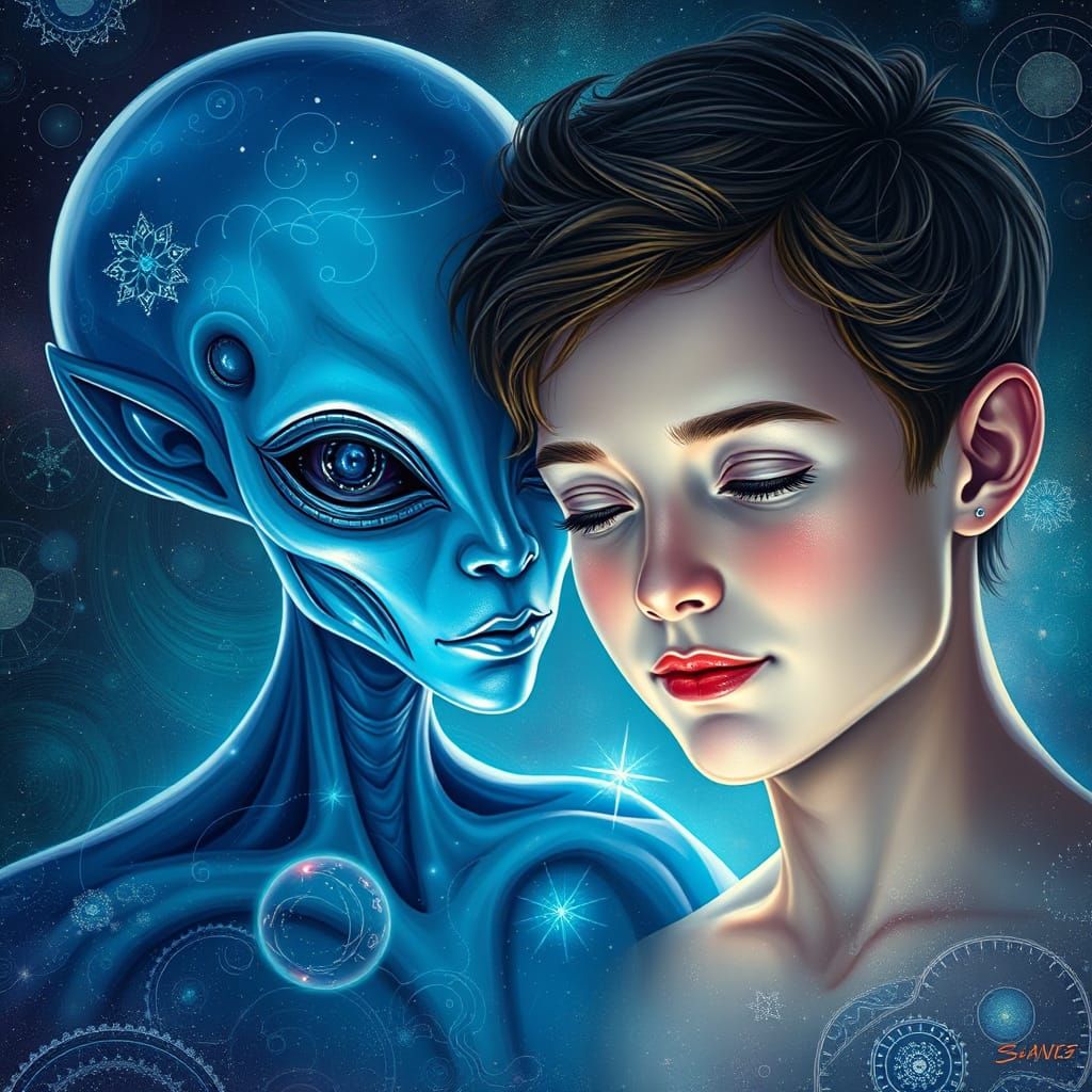 Human, Alien Family in Astral Cosmic Illustration