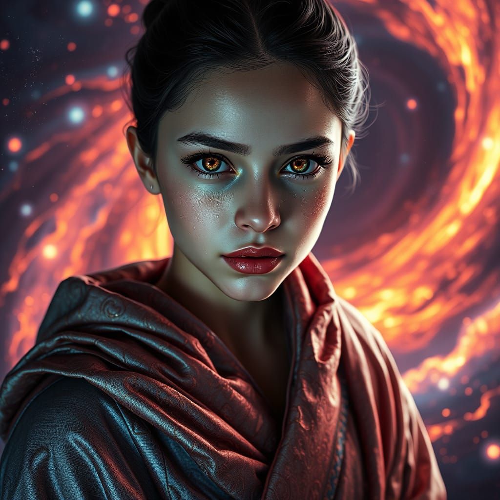 Cosmic Stardust: A Young Woman in a Vortex of Nebulae