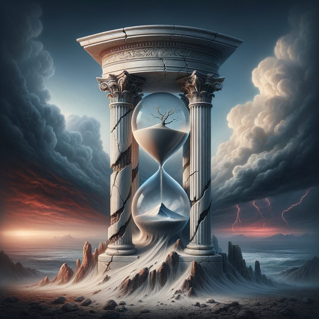 Hourglass in Neoclassical Column as Romantic Oil Painting