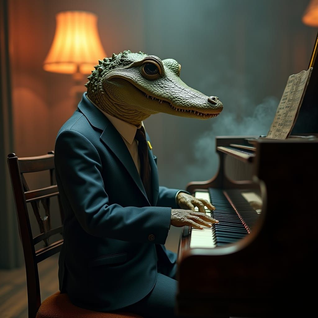An elderly, anthropomorphic alligator  playing a grand piano. Dim lighti...