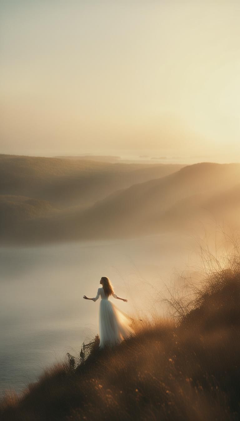 Ethereal Woman on Misty Cliff at Sunset