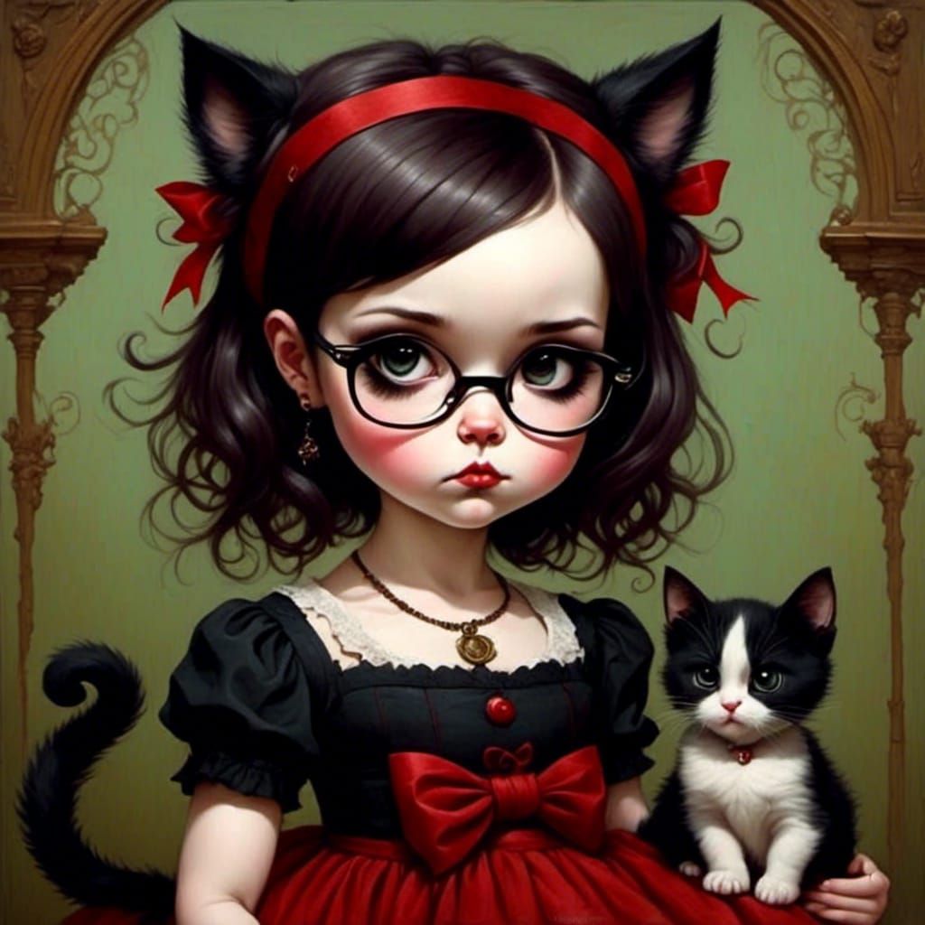 Gothic Emo Girl with Cat, in Lowbrow Art Style