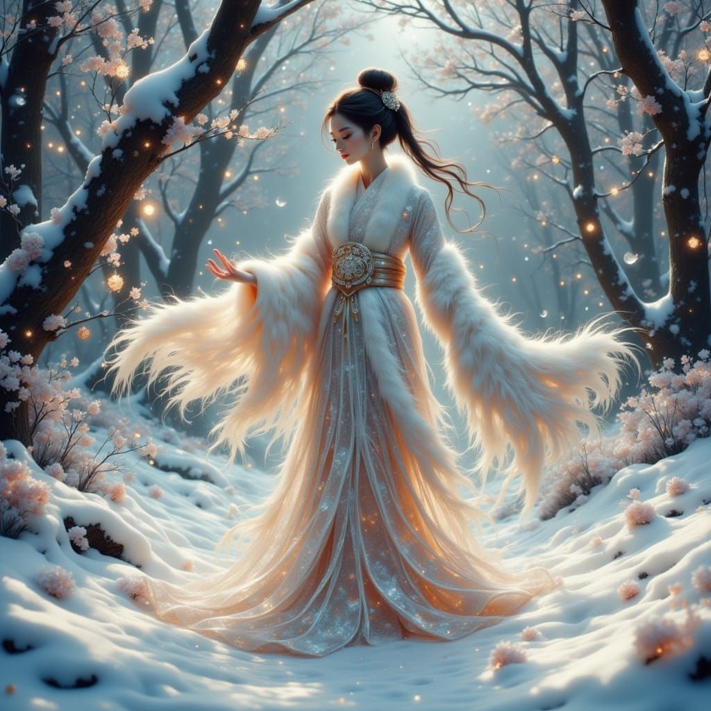 Geisha in Winter Kimono Walks Dog in Enchanted Forest