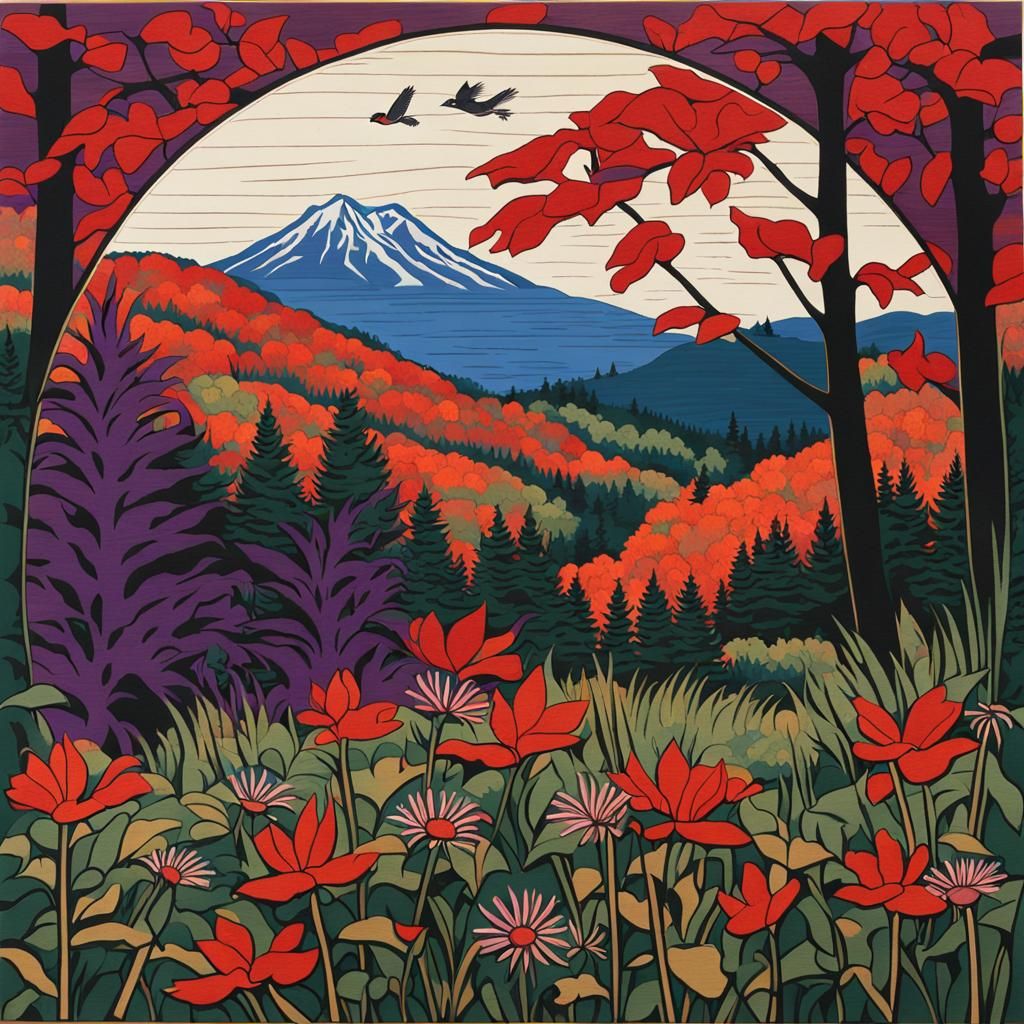 Wharton Esherick Woodcut: Wildflowers and Chickadee