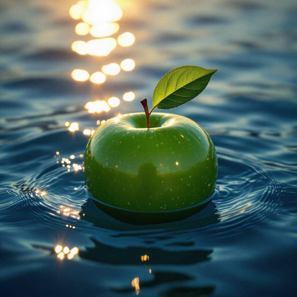 Glistening Green Apple Floating in Dark Sea, Golden Hour